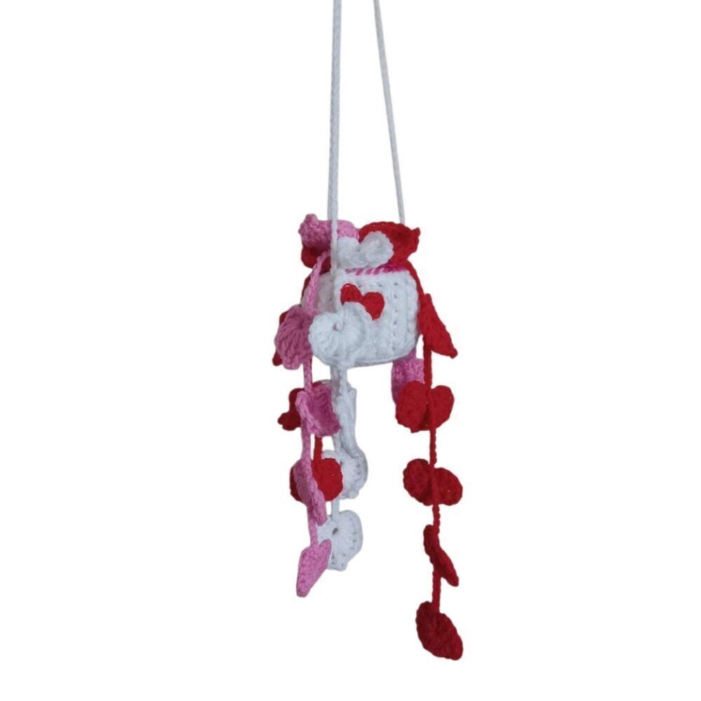 White & Red Crocheted Valentine's Day Hanging Leaves Potted Plant Handmade Decor